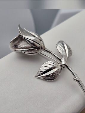 Vintage Silver Tone Rose Brooch Detailed Floral Pin 2.75" Classic Statement